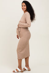 Camel Ribbed Ruffle Accent Long Sleeve Maternity Midi Dress