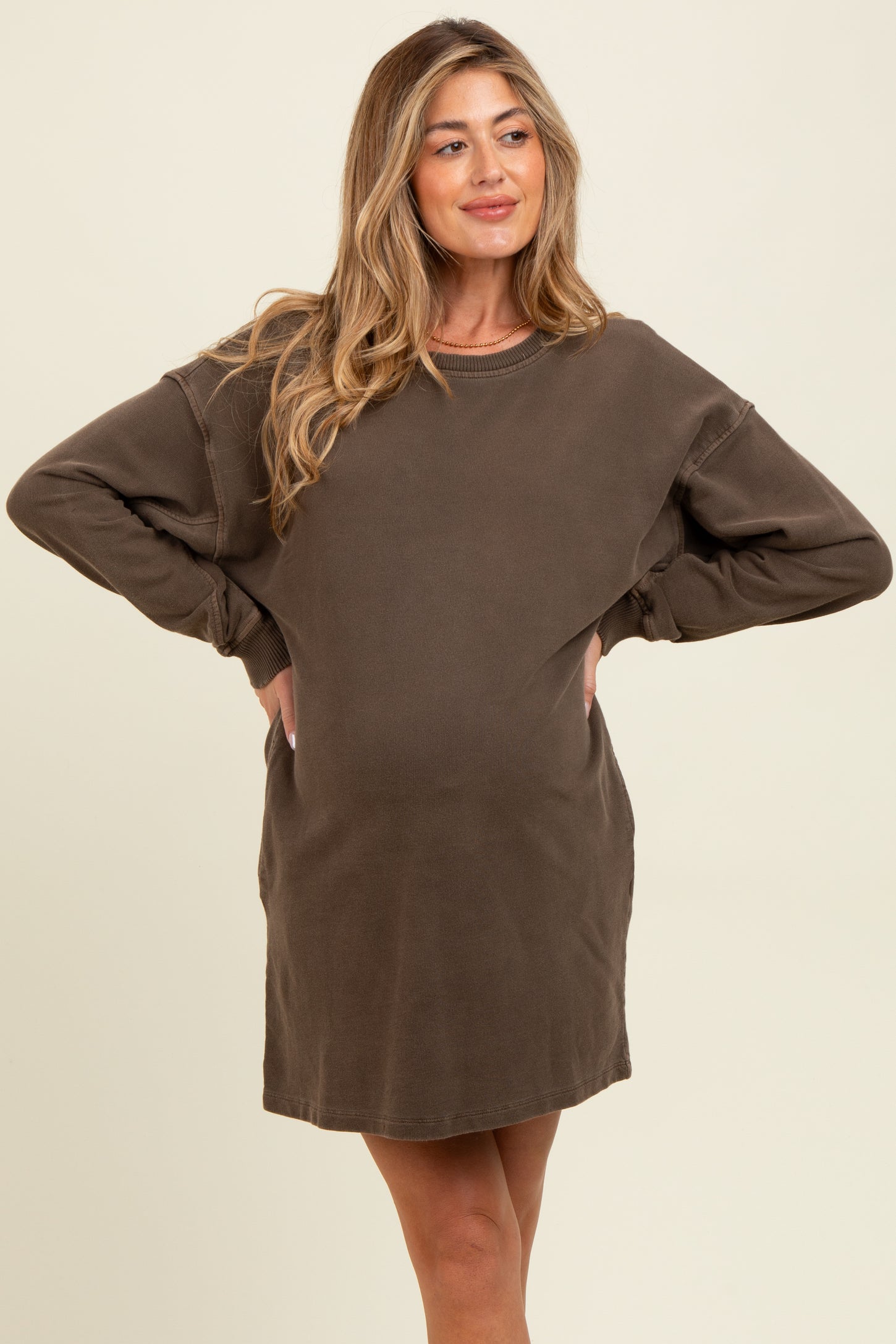 Brown Oversized Long Sleeve Maternity T-Shirt Dress