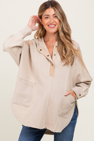 Beige Corduroy Contrast Oversized Maternity Hoodie