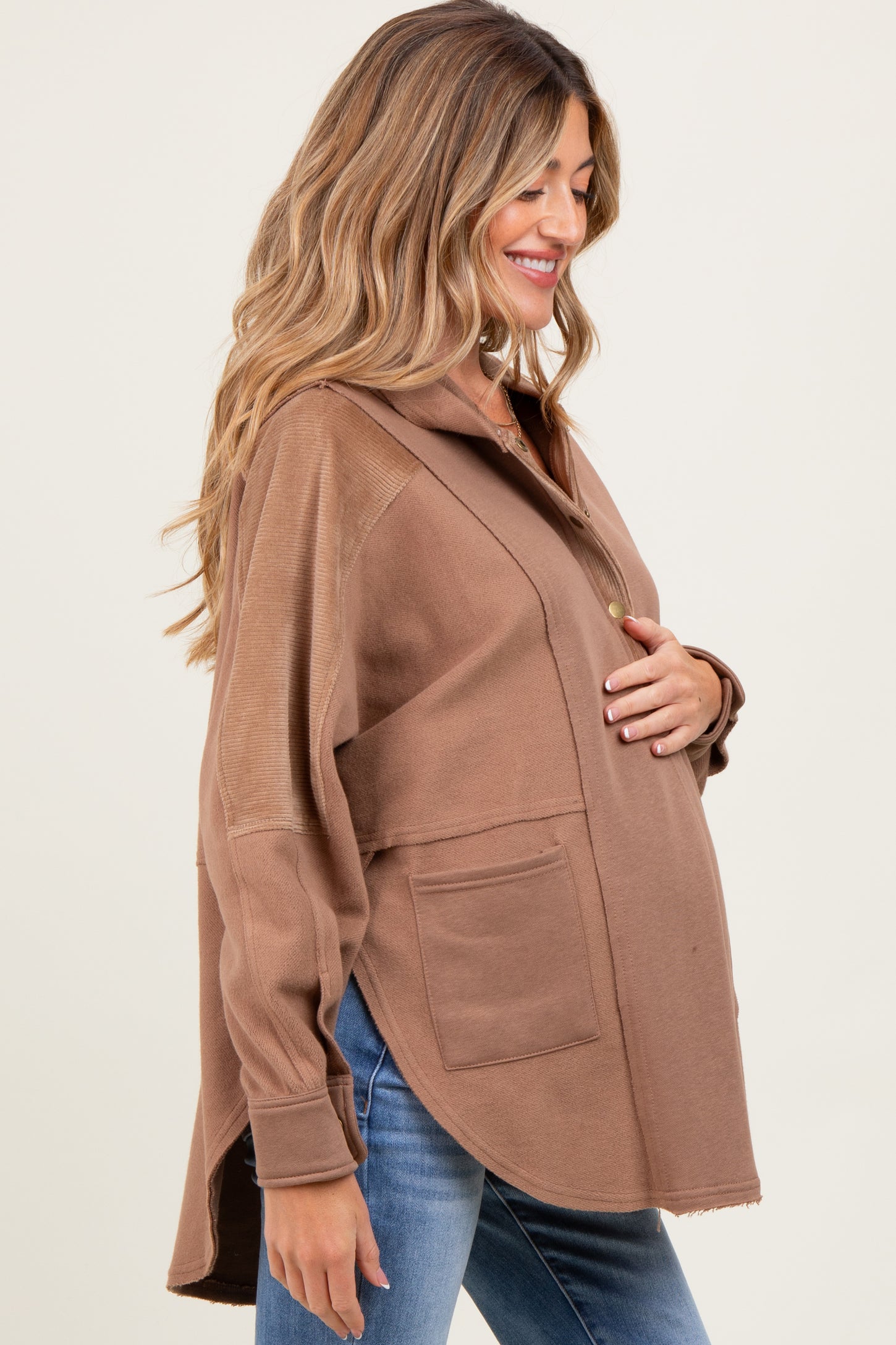 Mocha Corduroy Contrast Oversized Maternity Hoodie