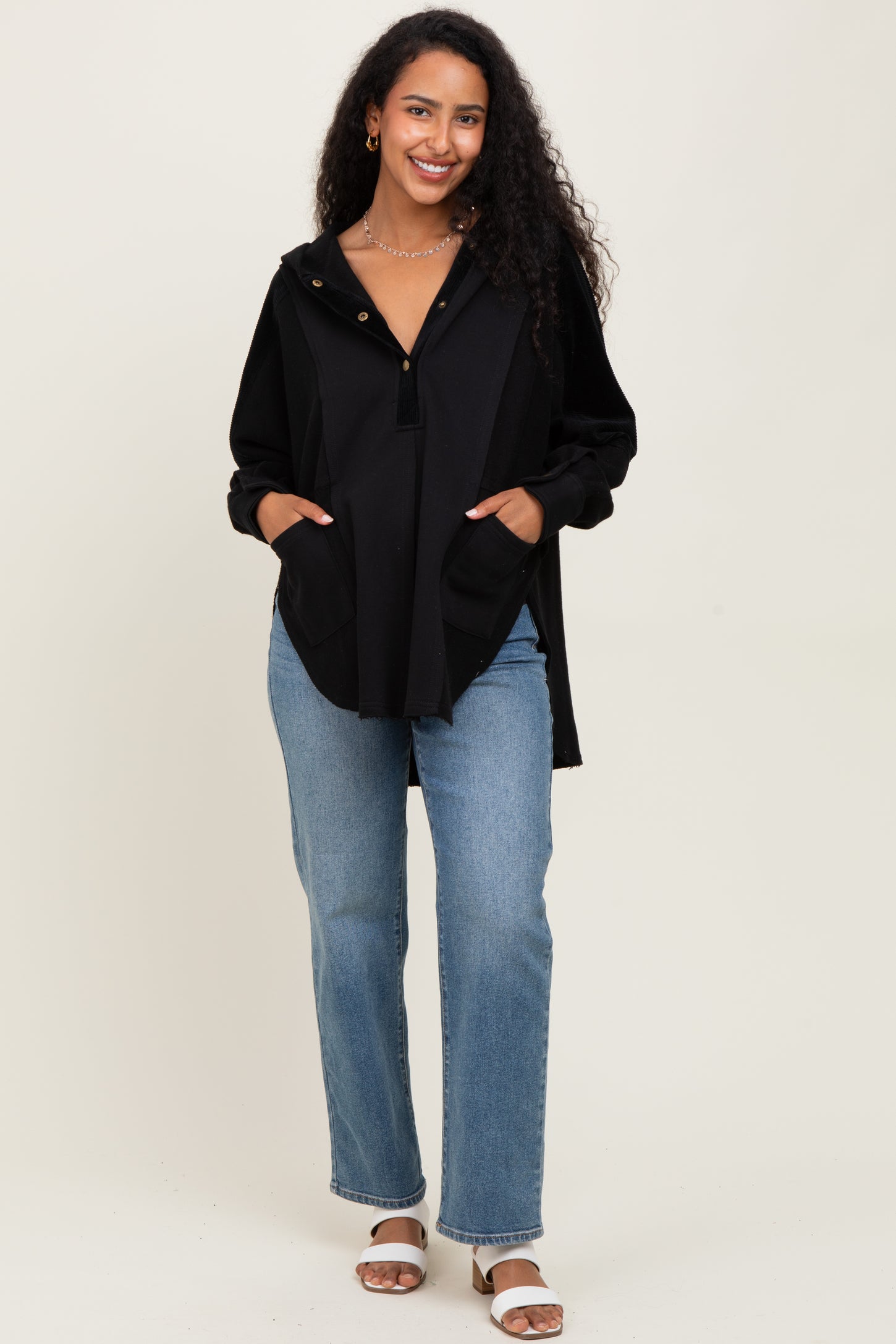 Black Corduroy Contrast Oversized Maternity Hoodie