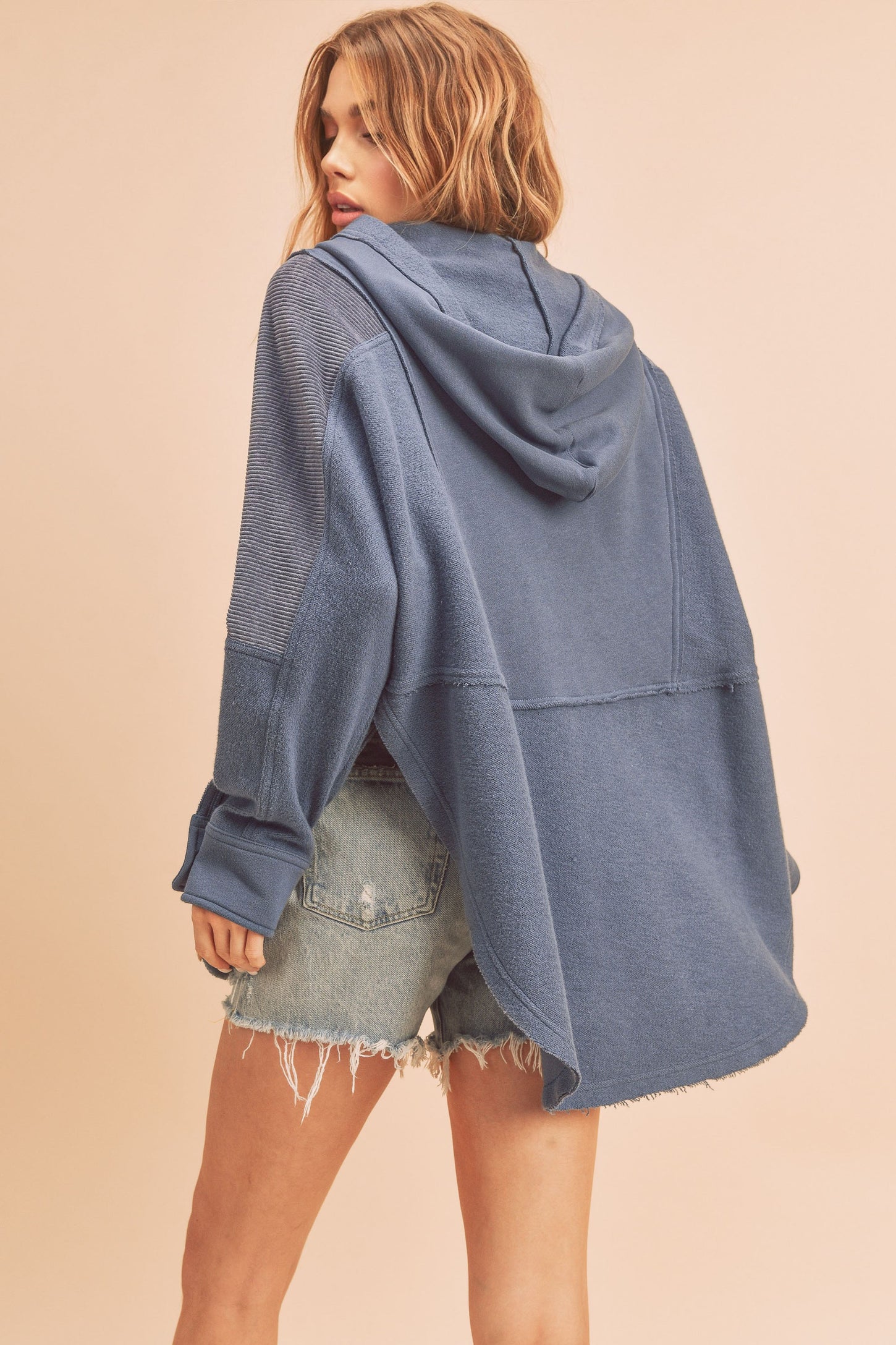 Blue Corduroy Contrast Oversized Hoodie