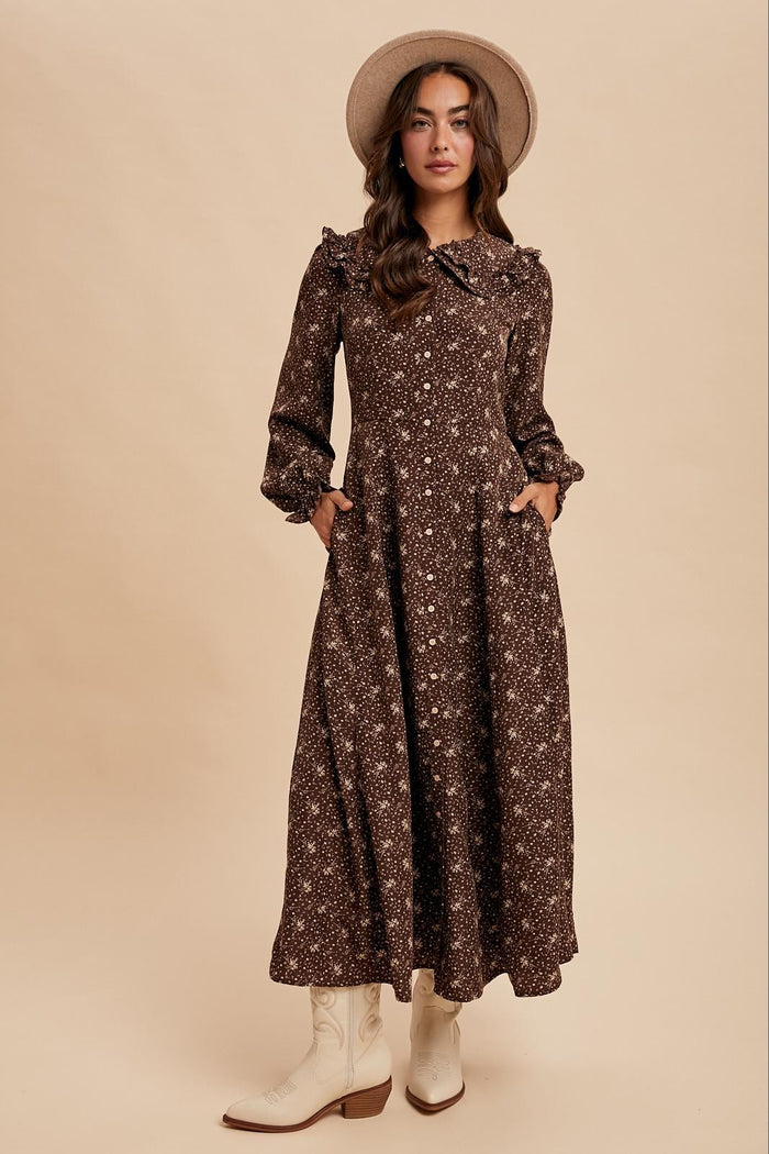 Brown Statement Collar Button Down Maternity Maxi Dress