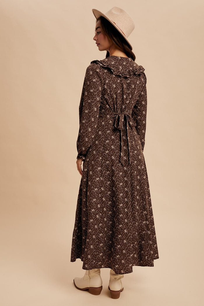 Brown Statement Collar Button Down Maxi Dress