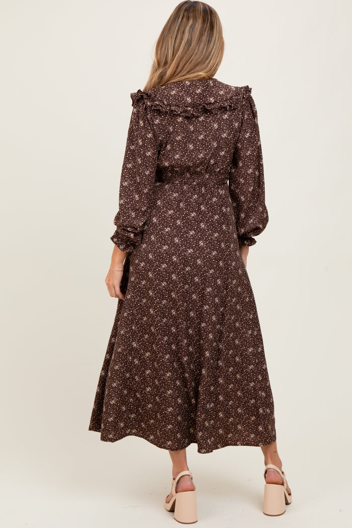 Brown Statement Collar Button Down Maternity Maxi Dress