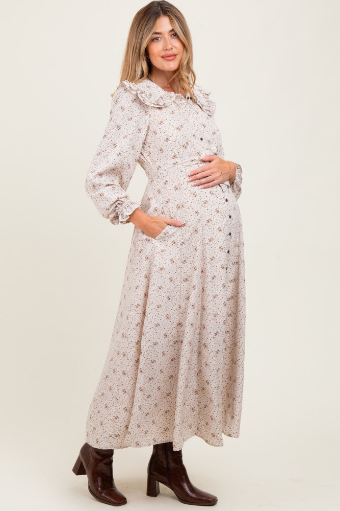 Cream Statement Collar Button Down Maternity Maxi Dress