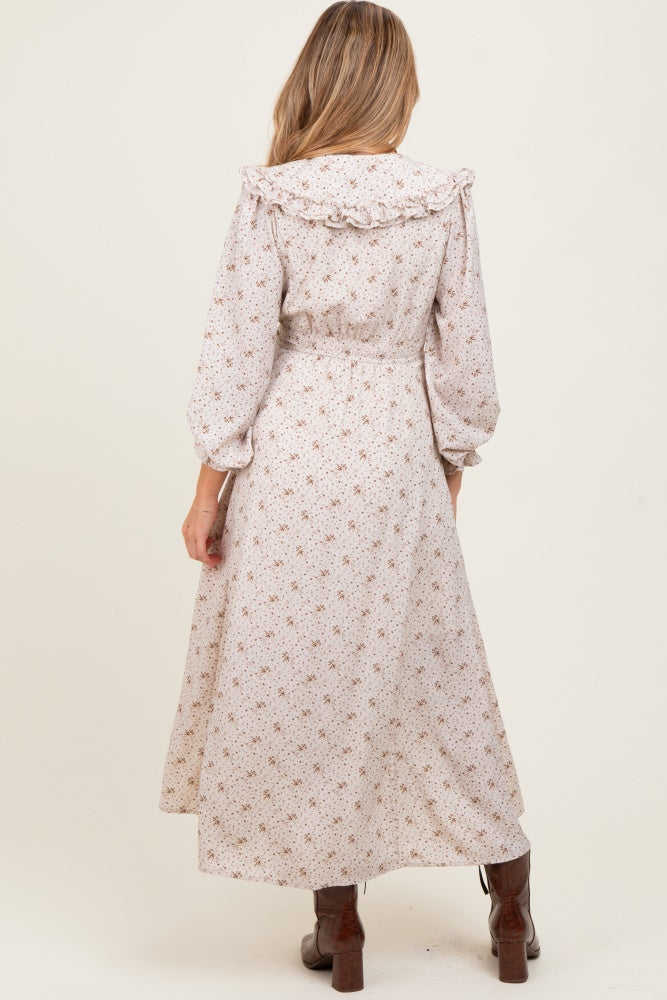 Cream Statement Collar Button Down Maternity Maxi Dress
