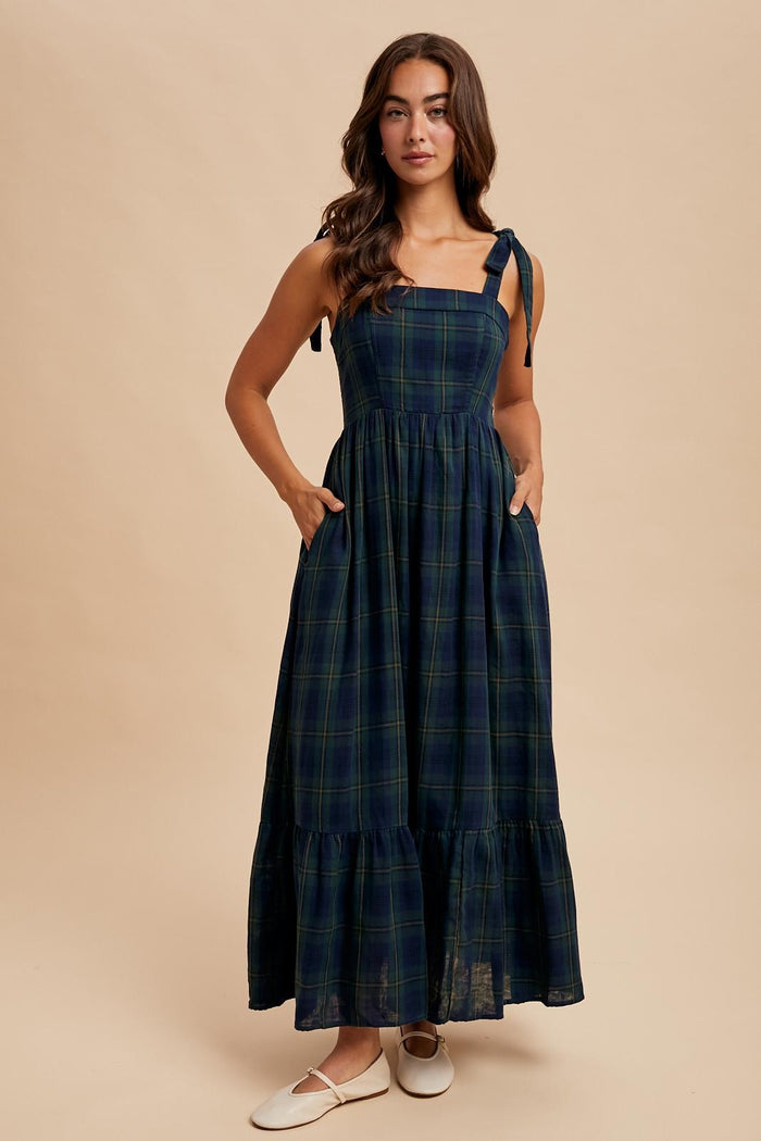 Hunter Green Plaid Sleeveless Cotton Maxi Dress