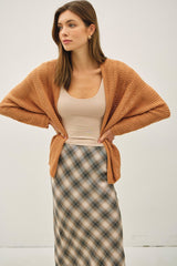 Camel Crochet Knit Scallop Detail Open Cardigan