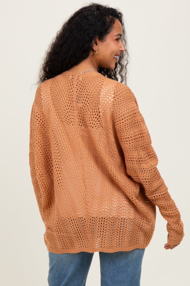 Camel Crochet Knit Scallop Detail Open Maternity Cardigan