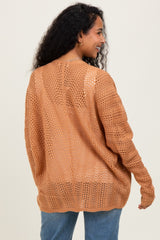 Camel Crochet Knit Scallop Detail Open Maternity Cardigan