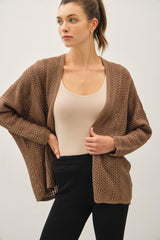 Brown Crochet Knit Scallop Detail Open Cardigan