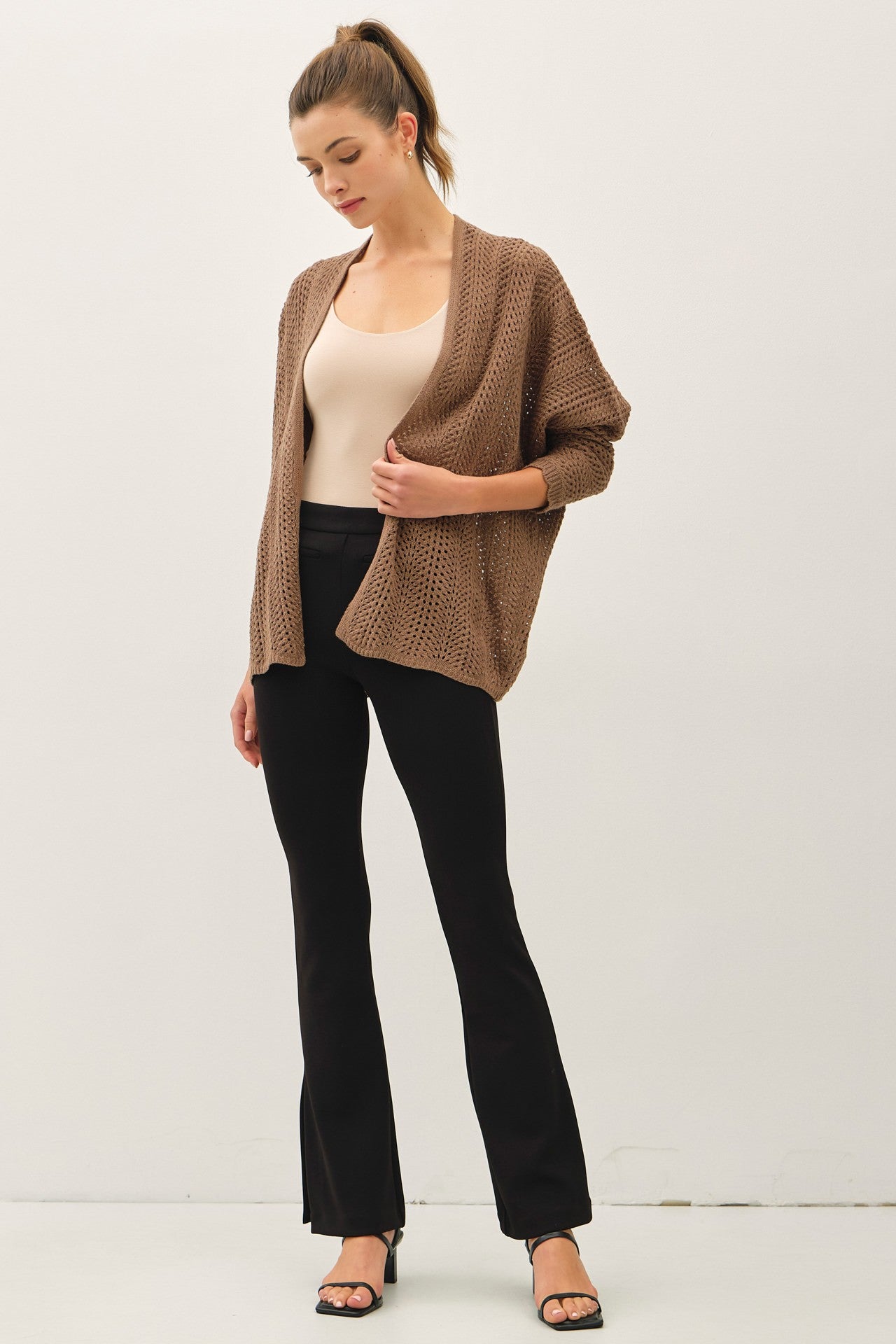 Brown Crochet Knit Scallop Detail Open Cardigan