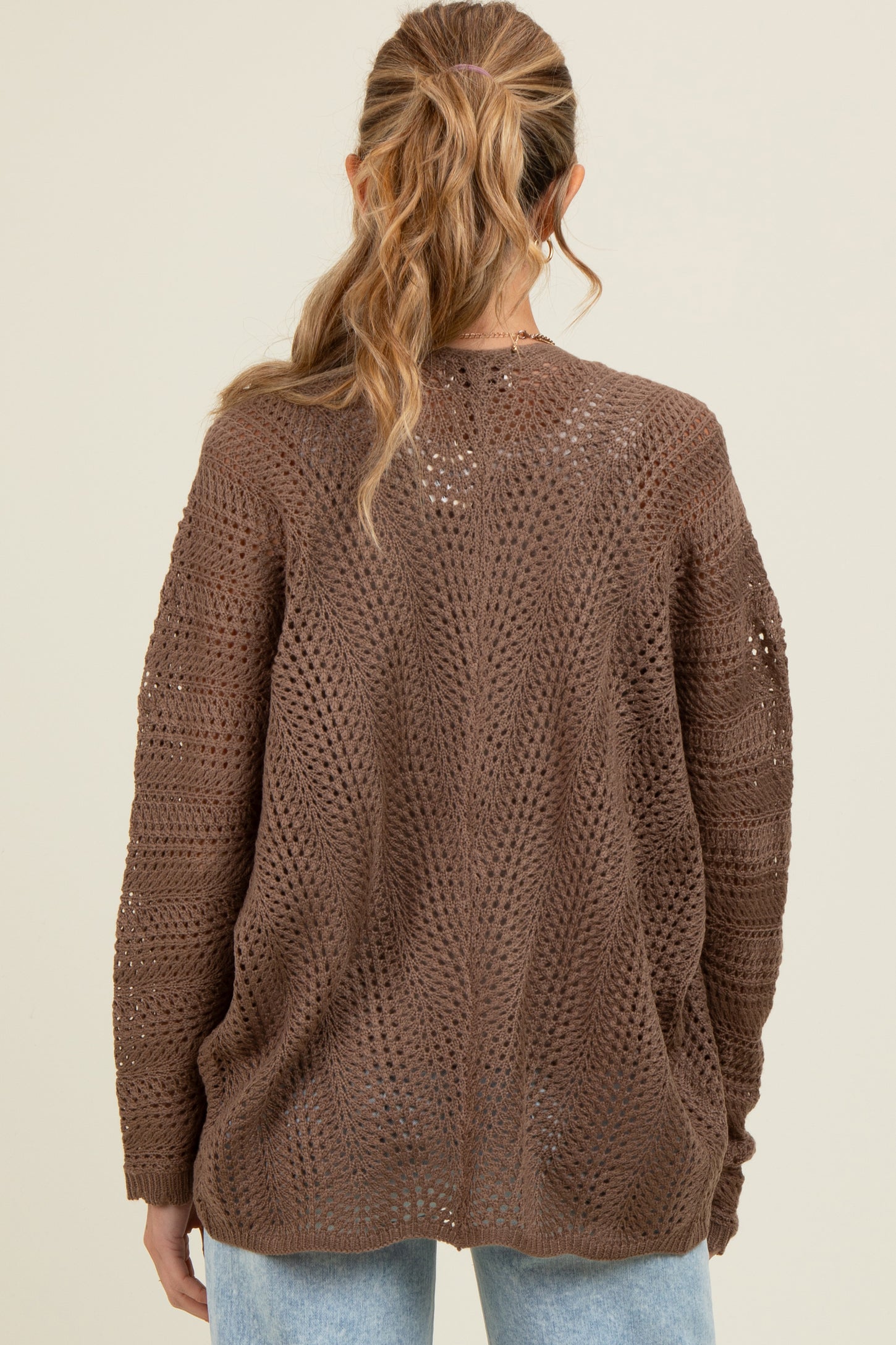 Brown Crochet Knit Scallop Detail Open Maternity Cardigan