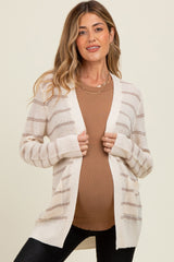 Cream Fine Knit Striped Maternity Open Cardigan