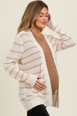 Cream Fine Knit Striped Maternity Open Cardigan