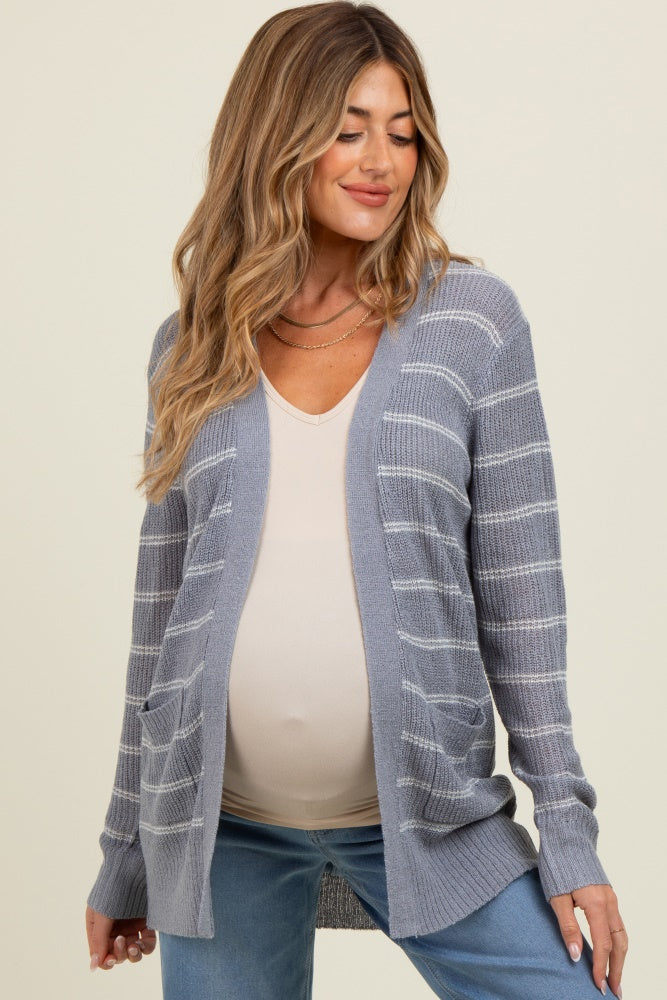 Blue Grey Fine Knit Striped Maternity Open Cardigan
