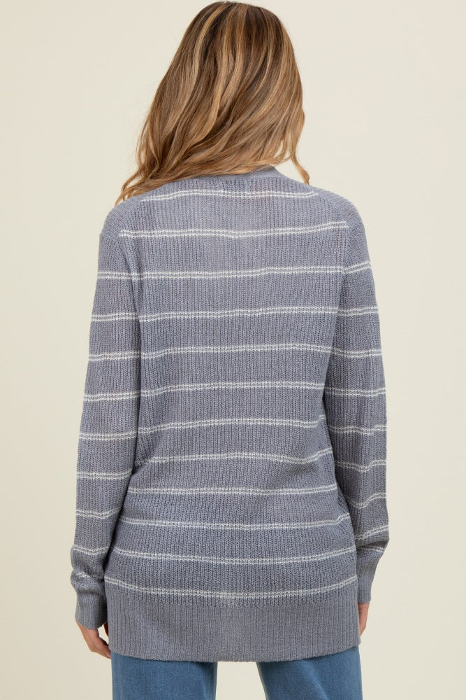 Blue Grey Fine Knit Striped Maternity Open Cardigan