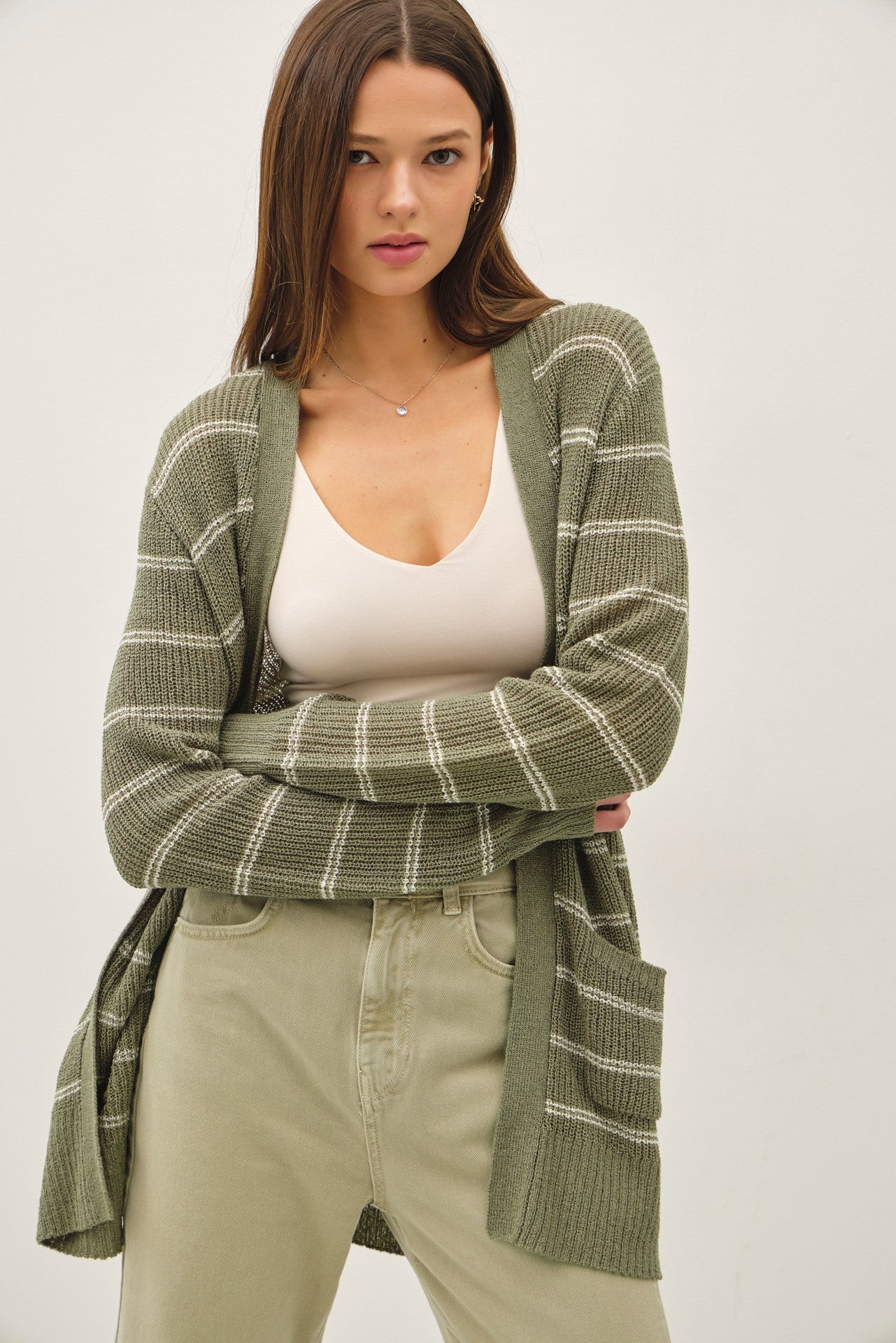 Olive Fine Knit Striped Maternity Open Cardigan