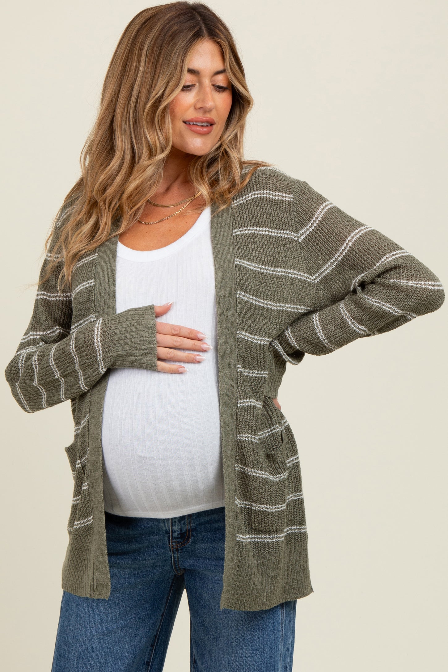 Olive Fine Knit Striped Maternity Open Cardigan