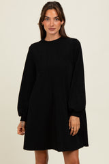 Black Ribbed Mock Neck Bubble Sleeve Maternity Dress