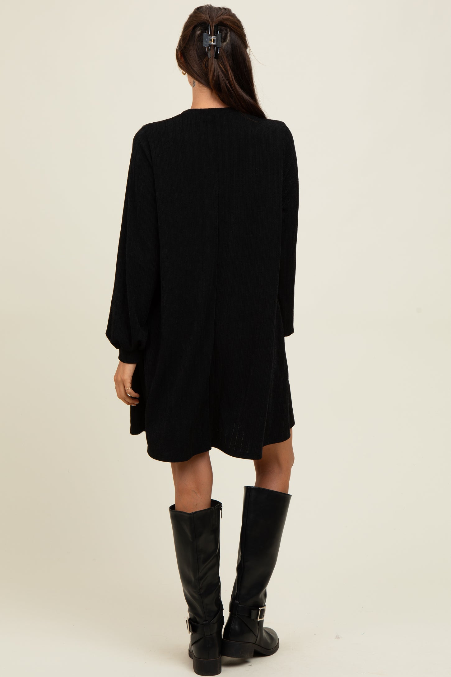 Black Ribbed Mock Neck Bubble Sleeve Dress