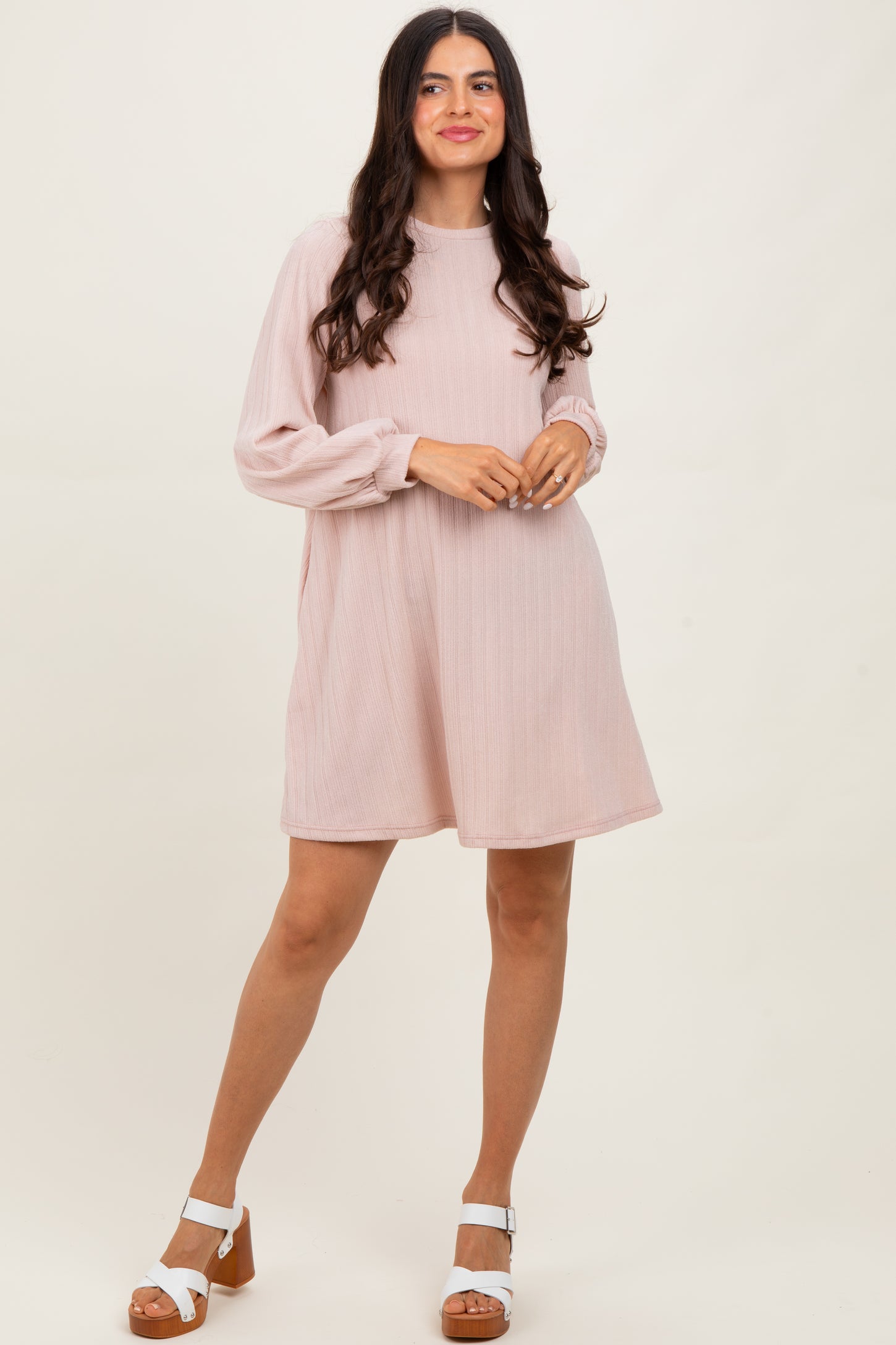 Light Pink Ribbed Mock Neck Bubble Sleeve Dress