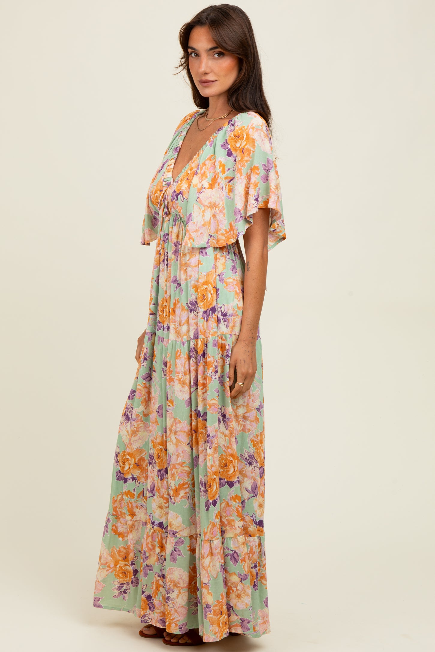 Sage Floral Flyway Sleeve V-Neck Tiered Maxi Dress