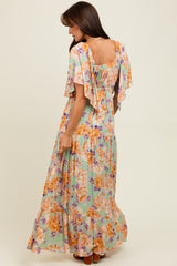 Sage Floral Flyway Sleeve V-Neck Tiered Maxi Dress
