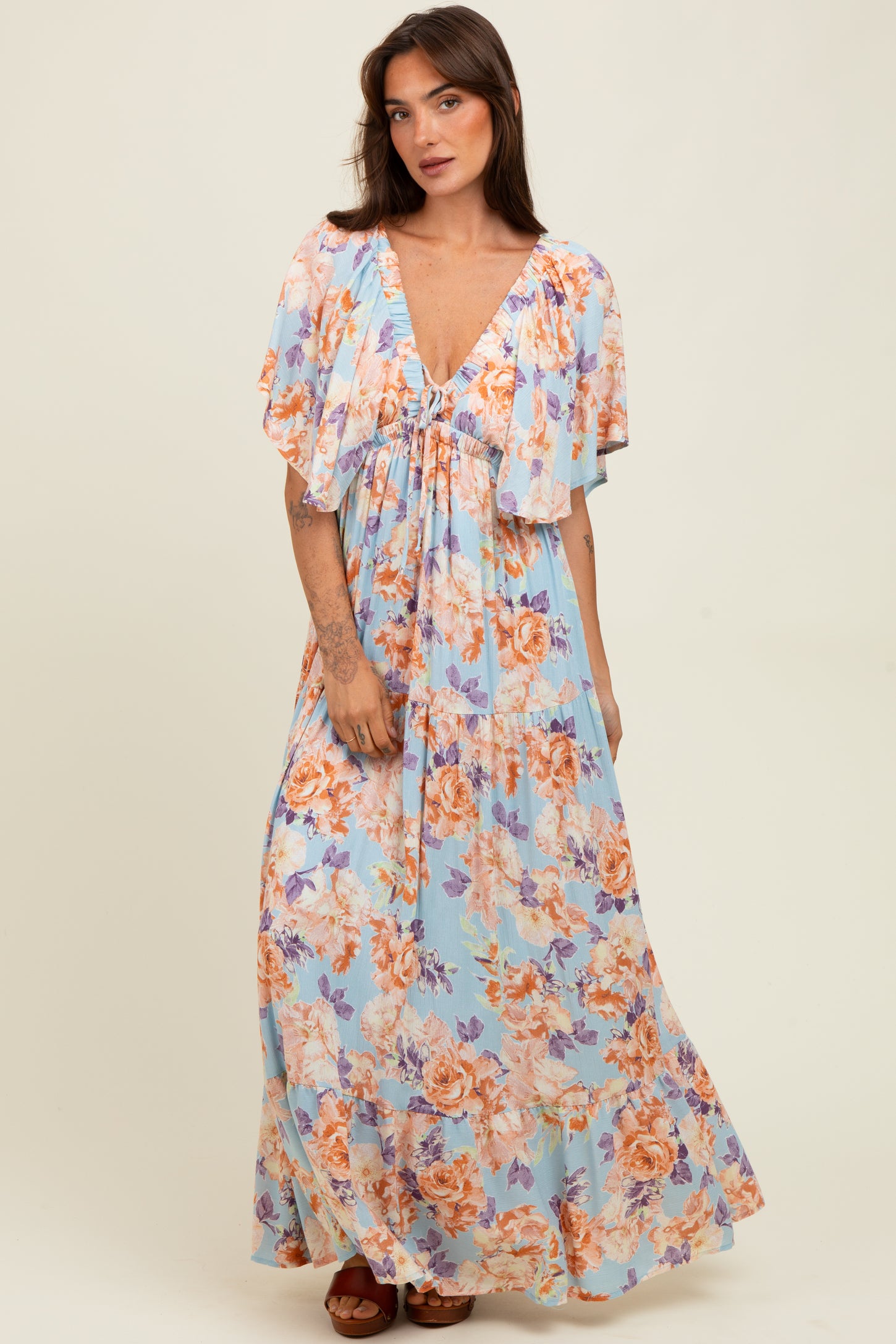 Light Blue Floral Flyway Sleeve V-Neck Tiered Maxi Dress