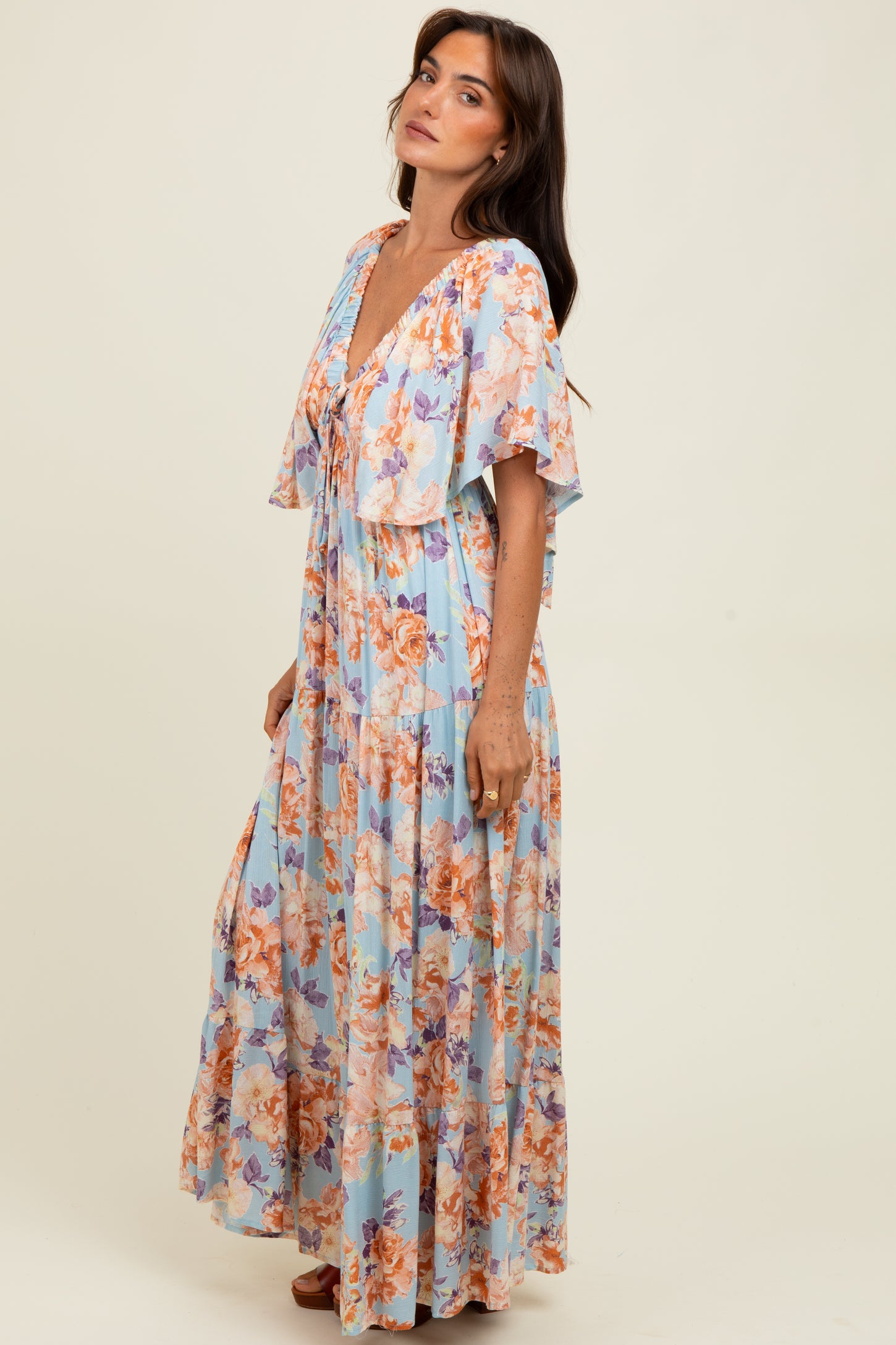 Light Blue Floral Flyway Sleeve V-Neck Tiered Maxi Dress