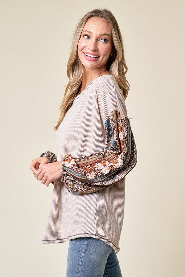 Beige Floral Ribbed Knit Colorblock Long Sleeve Top