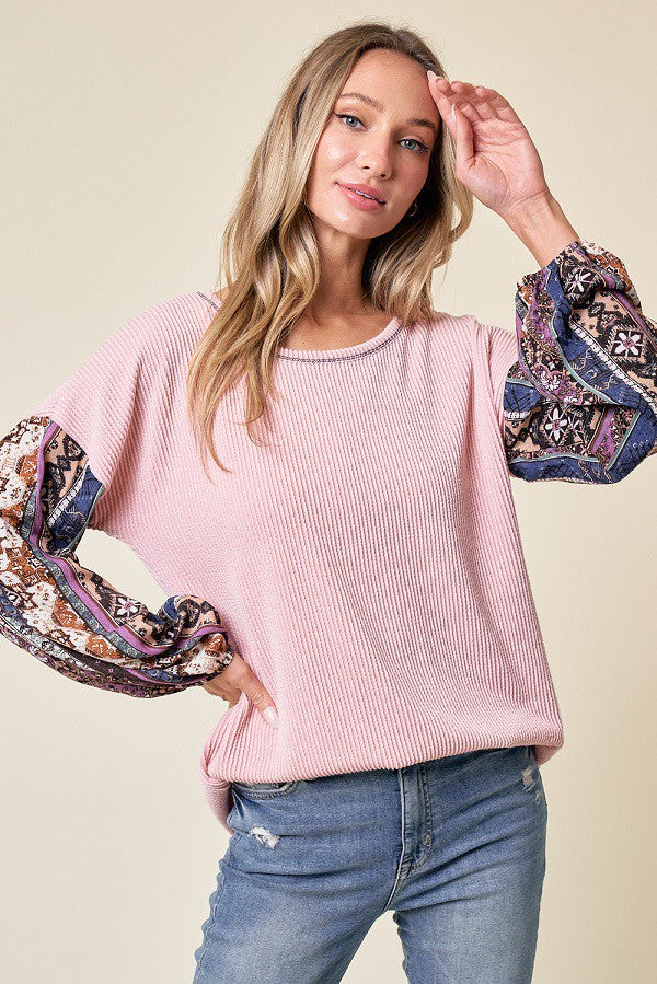 Light Pink Floral Ribbed Knit Colorblock Long Sleeve Top