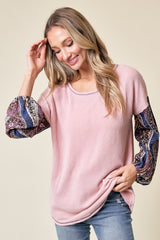 Light Pink Floral Ribbed Knit Colorblock Long Sleeve Top