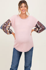 Light Pink Floral Ribbed Knit Colorblock Maternity Long Sleeve Top
