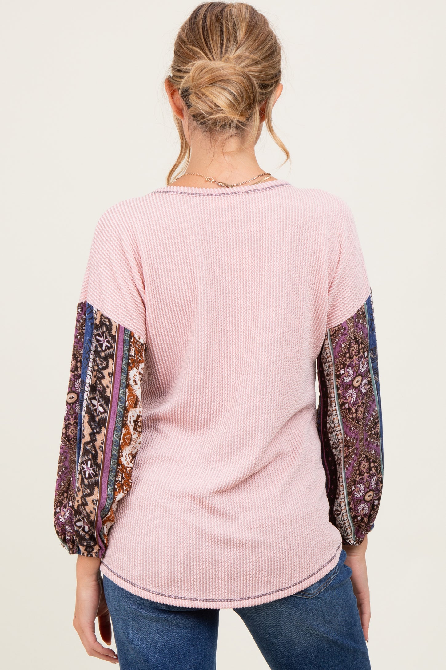 Light Pink Floral Ribbed Knit Colorblock Maternity Long Sleeve Top