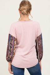 Light Pink Floral Ribbed Knit Colorblock Maternity Long Sleeve Top