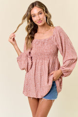 Mauve Printed Smocked Tunic Top