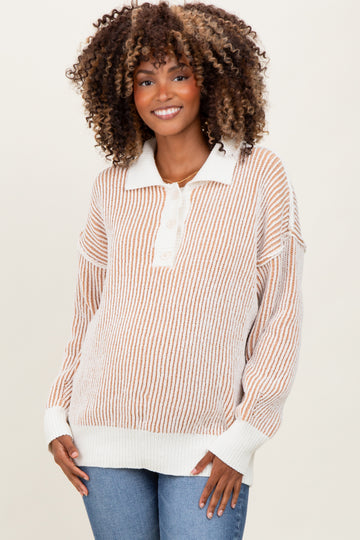 Camel Two Tone Stripe Textured Henley Neck Maternity Sweater Top
