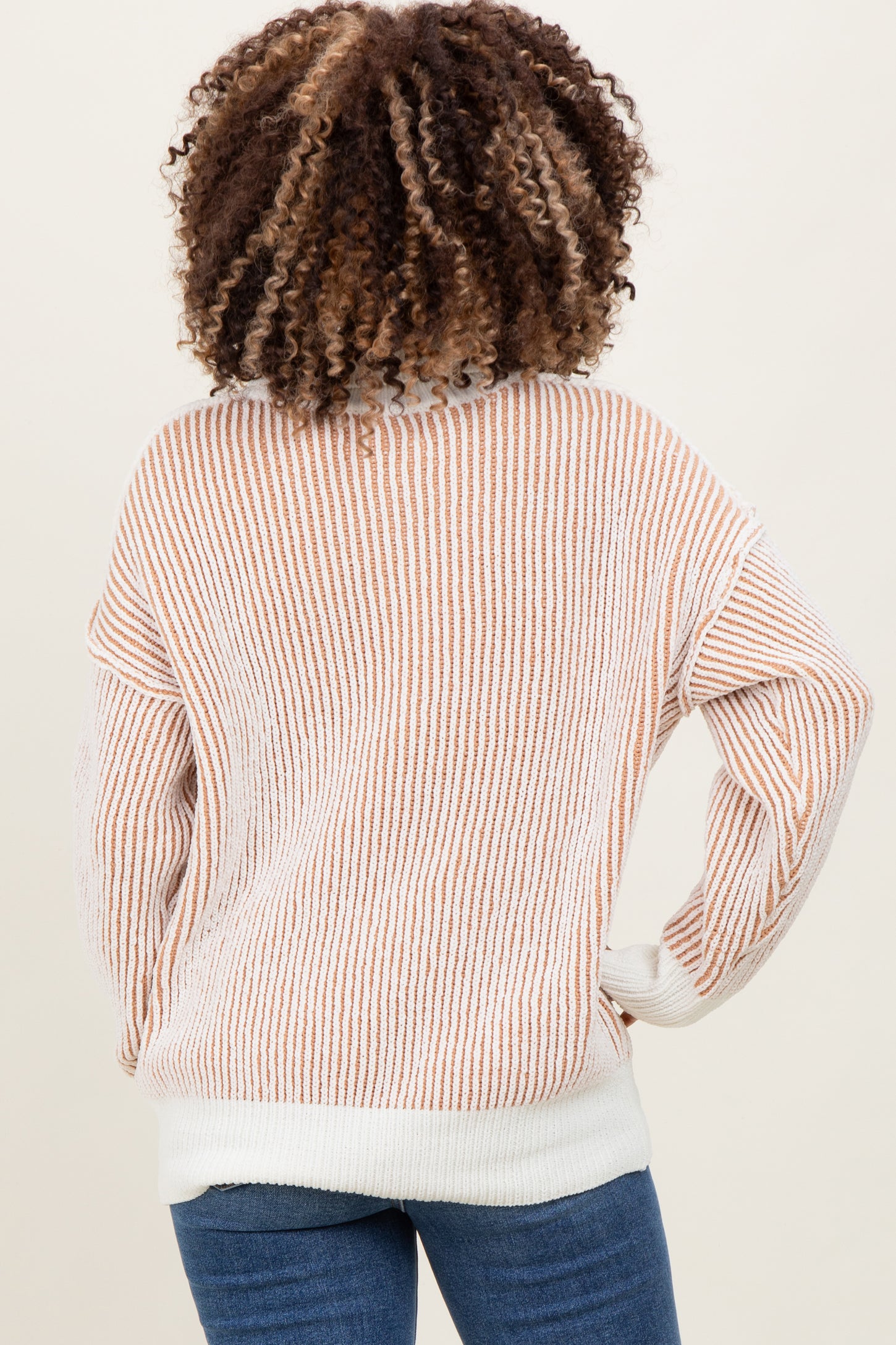 Camel Two Tone Stripe Textured Henley Neck Maternity Sweater Top