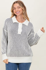 Charcoal Two Tone Stripe Textured Henley Neck Sweater Top