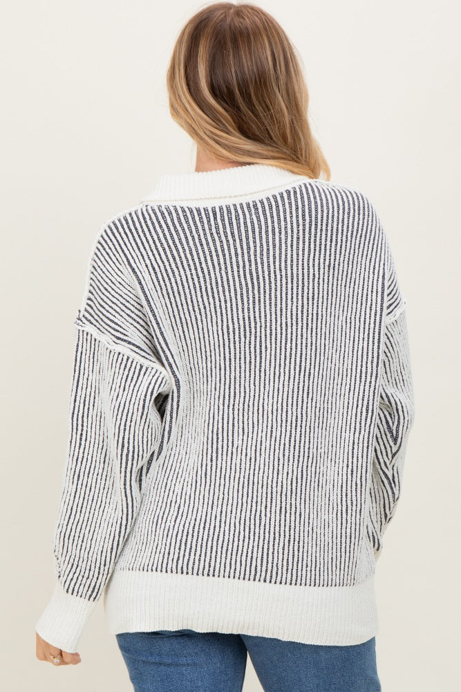 Charcoal Two Tone Stripe Textured Henley Neck Sweater Top