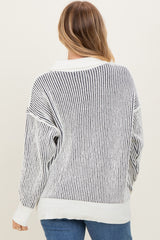 Charcoal Two Tone Stripe Textured Henley Neck Sweater Top