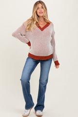 Rust Two Tone Ribbed V-Neck Chenille Maternity Sweater