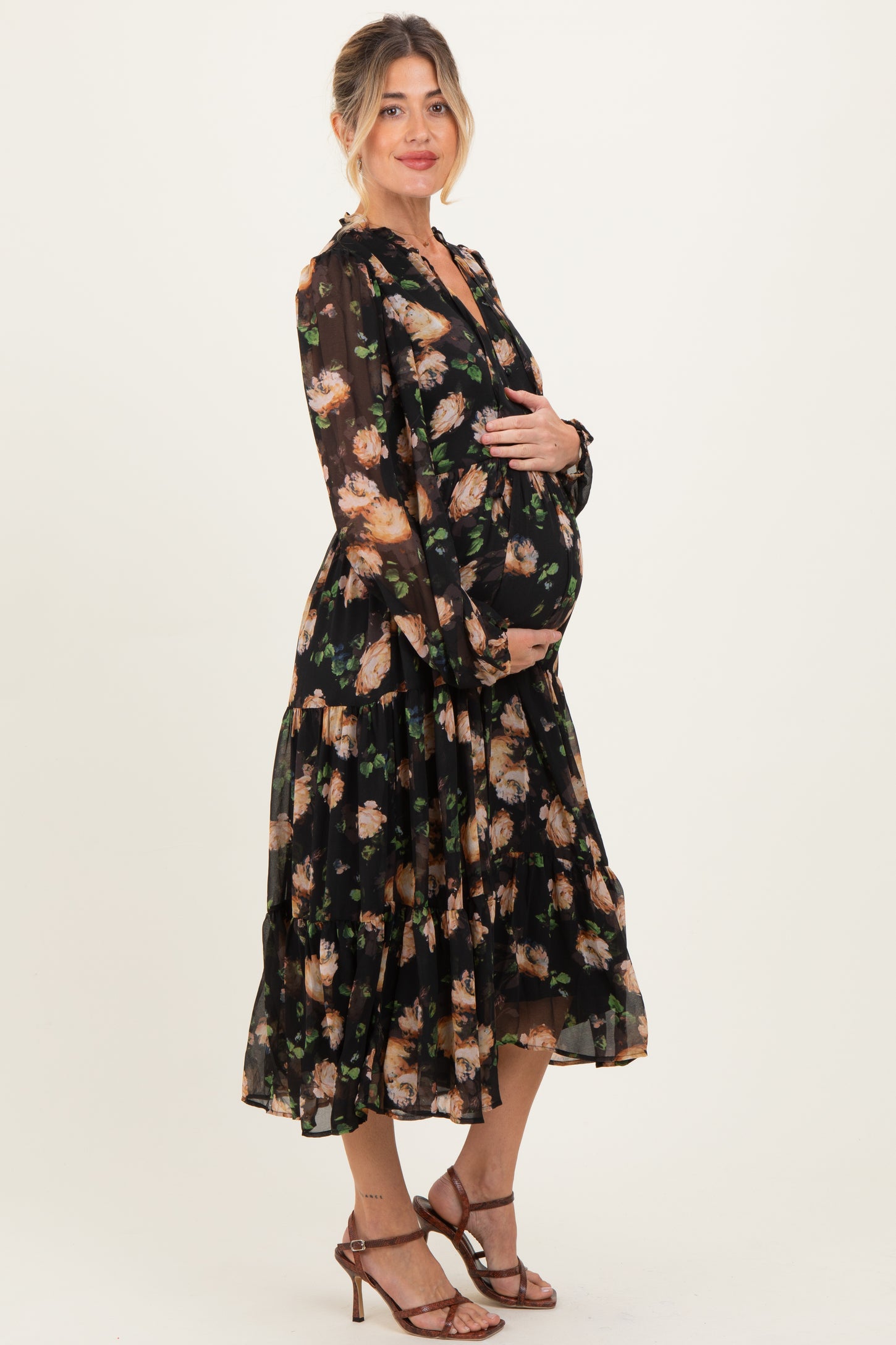 Black Multi Floral Tiered Button Down Maternity Maxi Dress