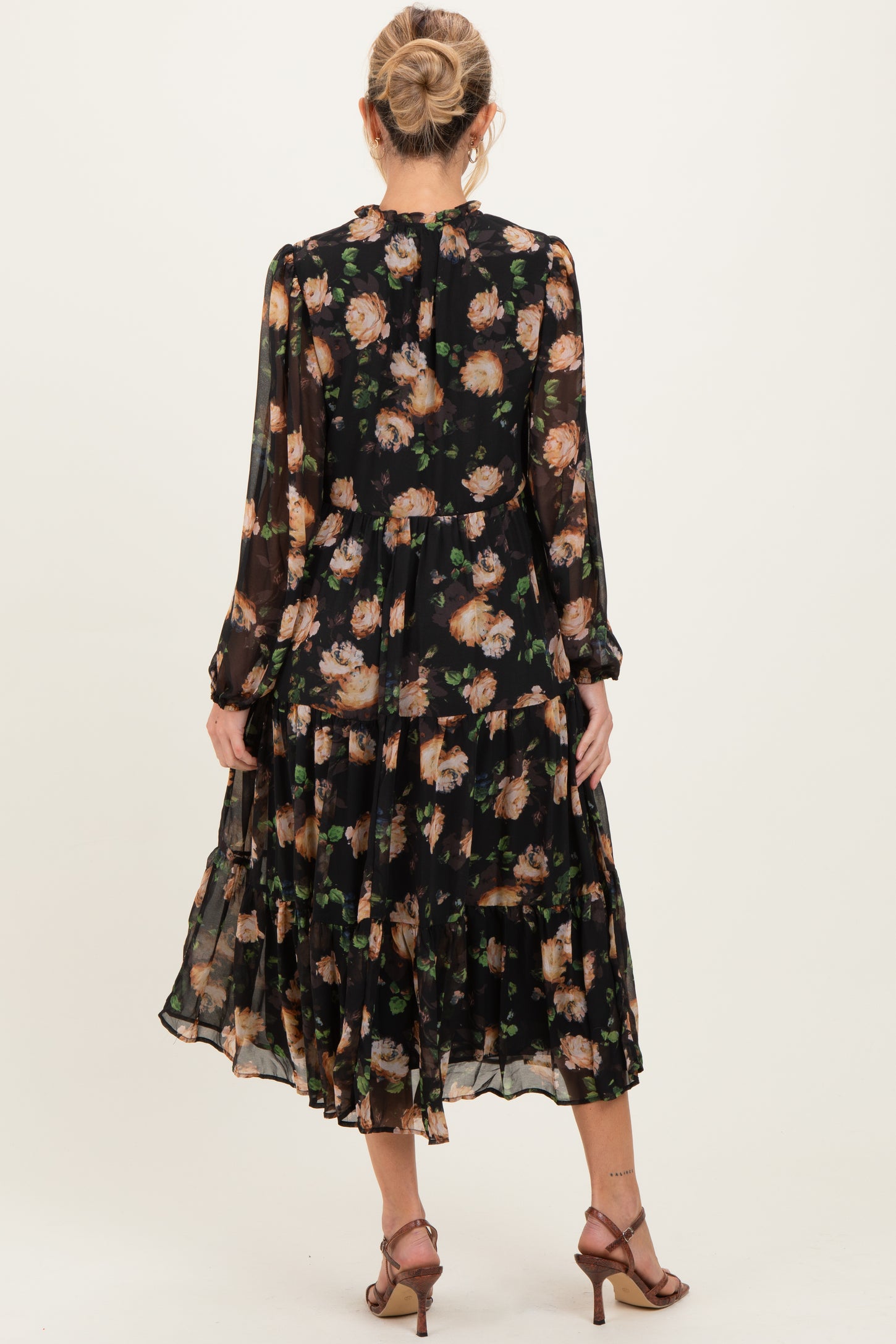 Black Multi Floral Tiered Button Down Maternity Maxi Dress