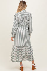 Green Striped Collared Button Down Waist Tie Maternity Maxi Dress