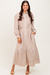 Mocha Striped Collared Button Down Waist Tie Maxi Dress
