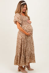 Mocha Leaf Print Smocked Square Neck Puff Sleeve Maternity Maxi Dress