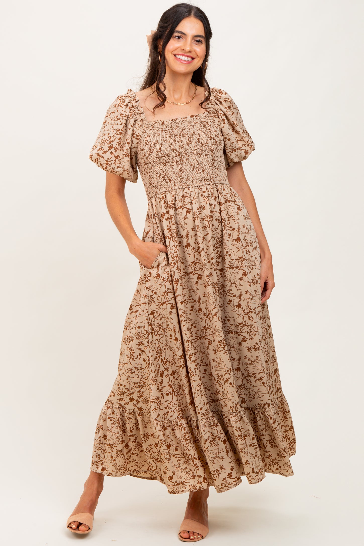 Mocha Leaf Print Smocked Square Neck Puff Sleeve Maxi Dress
